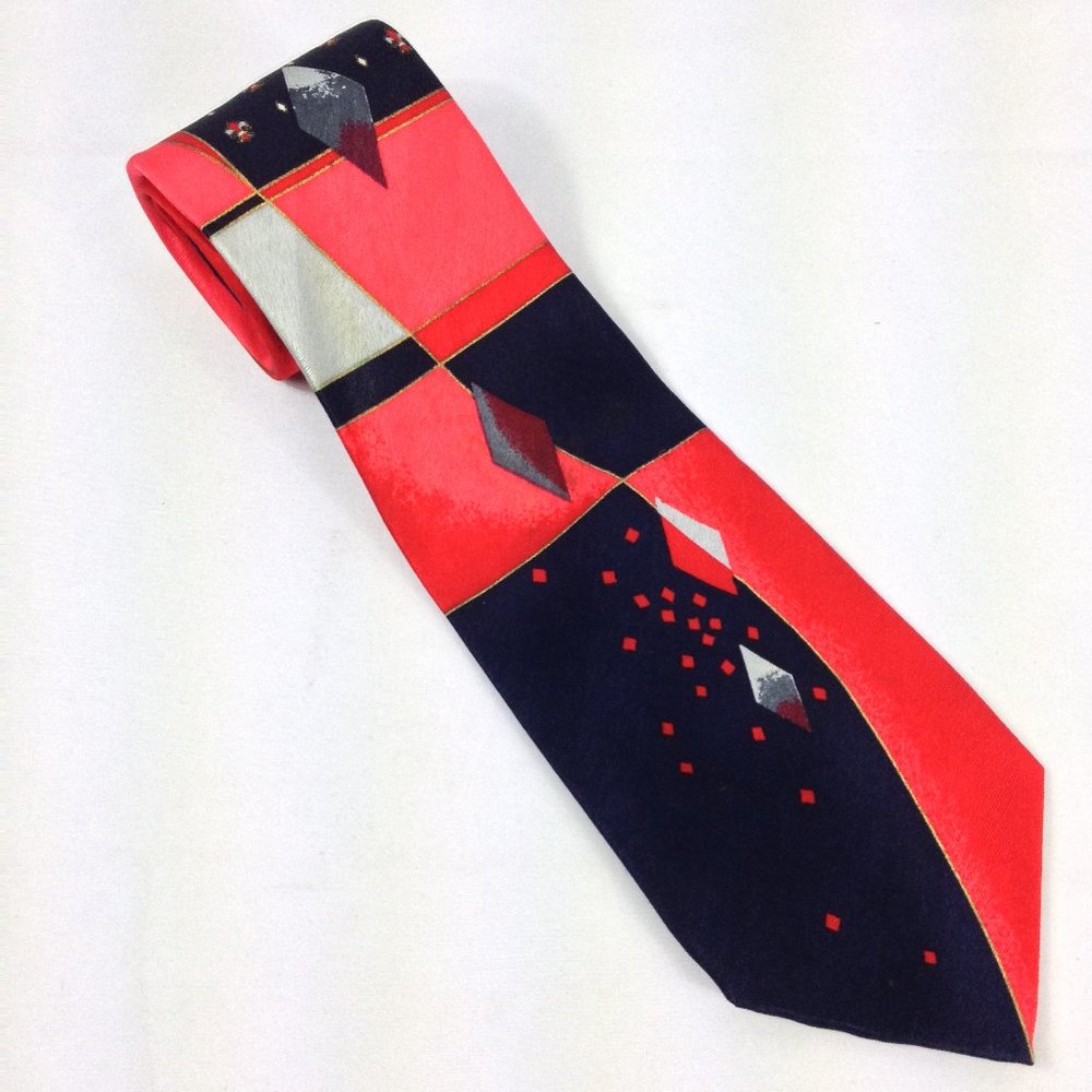 Angelino  Italy 100% Silk Tie Red Blue Abstract Design 60" x 4" Used